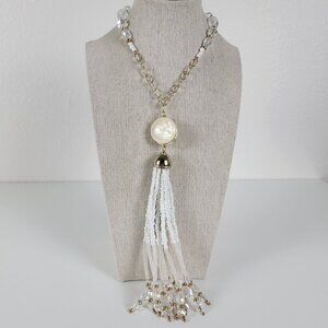 Gold Tone Clear Crystal Mother Of Pearl Acrylic Bead Tassel Pendant Necklace 28"